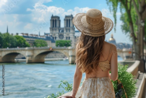 young Parisian woman in a summer dress, elegant design, chic handbag, walking along the Seine River