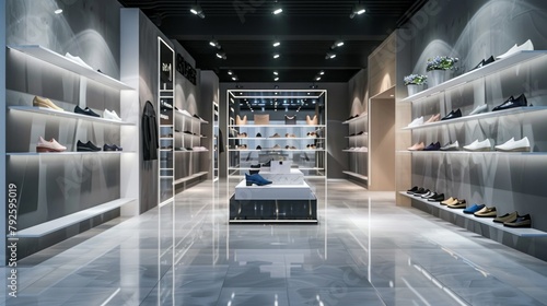 A shoe store with a white and grey color scheme