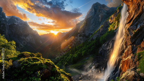 Beautiful panoramic view of waterfall and mountains at sunset with golden sunlight shining on the mountains in summer