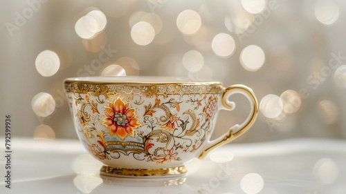  An ornate tea cup adorned with intricate designs, on a white surface 