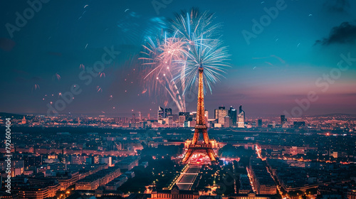 A festive Bastille Day fireworks display over a city skyline.