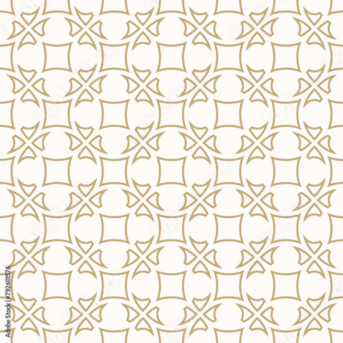 Vector golden seamless pattern in oriental style. Gold and white elegant ornament. Abstract outline background with floral shapes, lattice, grid. Repeating luxury design for decor, wallpaper, print