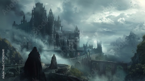 Fantasy RPG adventure scene, dark castle filled with magic, traps, and robed wizards casting spells, ominous clouds overhead