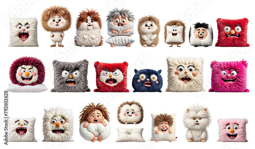 Funny fancy freak soft fluffy freak pillows characters with emotions, clipart set