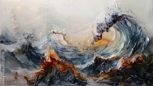 Cascading waves of oil paint, frozen in time on a transparent canvas