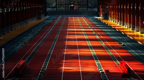 On the unmanned track, red starting blocks create an orderly ambiance