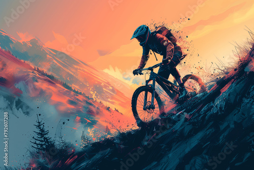 Cyclist with helmet and gear laboring up a shadowy mountain trail isolated on a gradient background of dusk hues