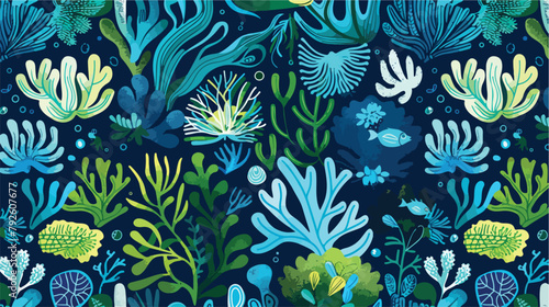 Seamless pattern with blue and green corals seaweed 