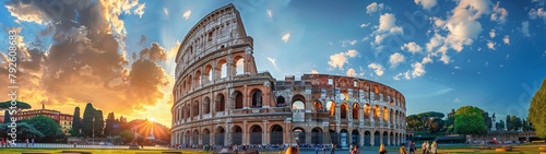 Scenic view of an ancient Roman town, featuring remarkable architecture, monuments, and historic landmarks amidst cobblestone streets and ancient ruins, with a touch of Italian charm