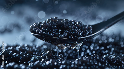 Black caviar in a spoon close-up on a dark background