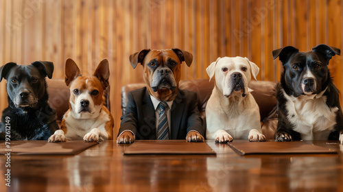 Group of dogs posing as business executives in office.