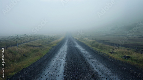 Foggy gravel road in the Icelandic countryside