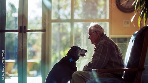 vieil homme et son chien l'un en face de l'autre dans une maison de retraite qui accepte les animaux