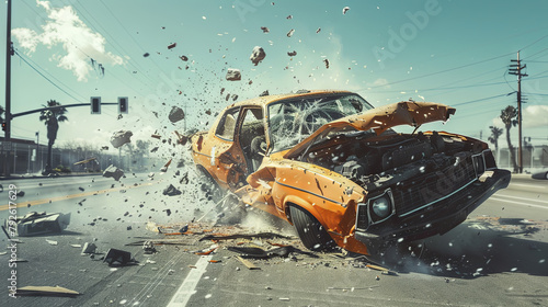 Dramatic car crash scene with shattered glass and debris