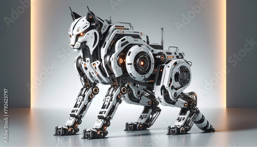 A robotic bobcat in a futuristic style, resembling a high-tech piece of machinery with sleek white and black panels