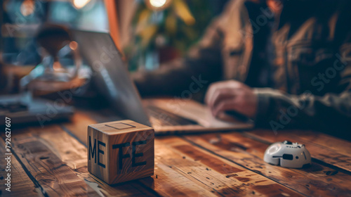 Hacker written on a wooden cube in front of a laptop .