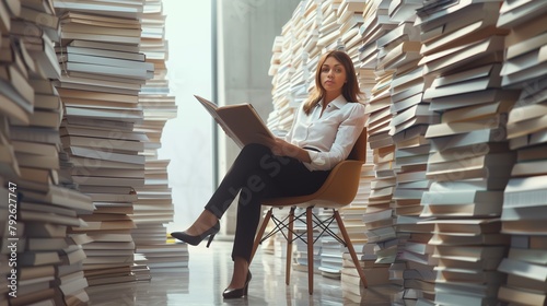 Woman siting in chair with stacks of paper files