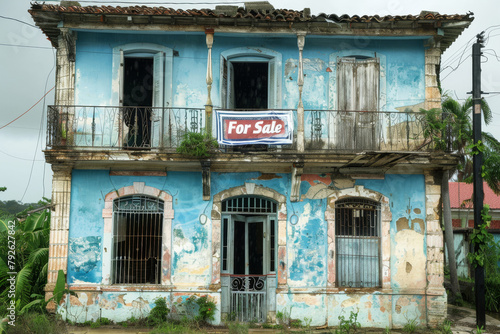 Blue colonial building for sale, peeling paint, overgrowth