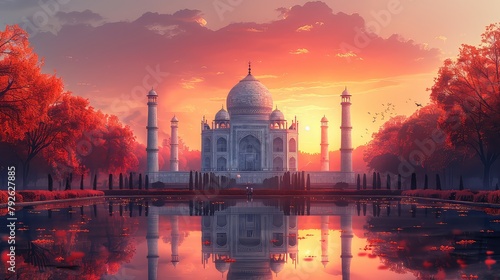 A wide angled view of Taj Mahal in Agra captured with Yamuna River beside. Taj Mahal during sunset in Agra.