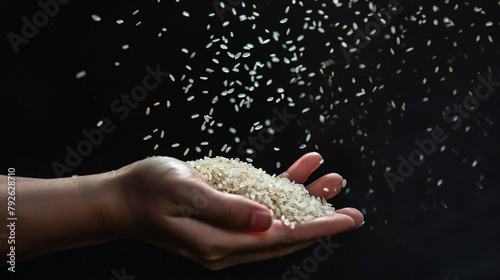 Handful rice on a black background. 