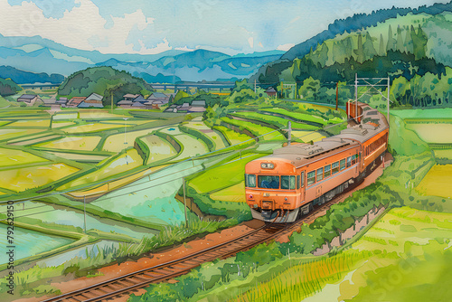 棚田を走る電車の風景（水彩画）