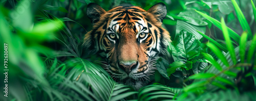 Close-up view of tiger in green forest. Wild animals concept.