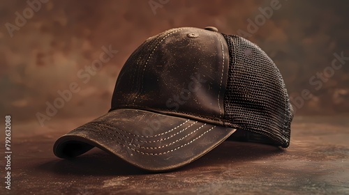 A vintage-inspired trucker cap mockup on a solid brown background, capturing its mesh back and retro logo, all presented in HD to showcase its nostalgic and casual charm