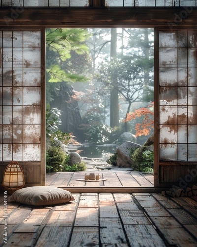 A raw, slightly overexposed photograph of the ancient Japanese interior A single, weathered cushion rests near the open rice paper doors