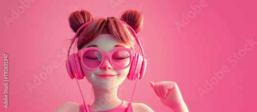Teen girl listen to music in headphones at neon colorful background. Copy space banner. 3d cartoon character
