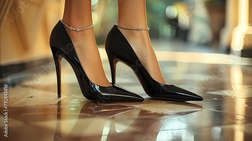 A pair of sleek black stiletto heels with pointed toes and delicate ankle straps