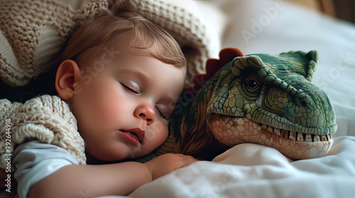 Infant napping peacefully beside a lifelike crocodile plush, symbolizing innocent dreams