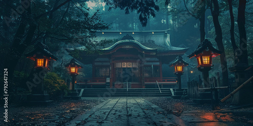 Japanese temple. ancient shrine in the middle of forest. night at the mountain.