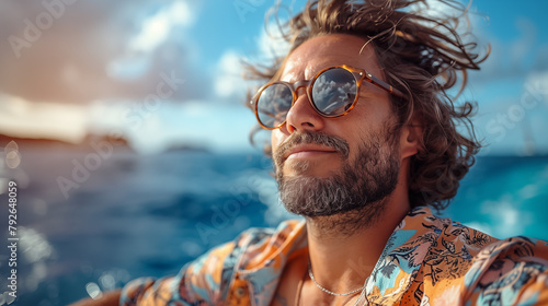 Portrait of a handsome young man in sunglasses and a shirt on the background of the sea.