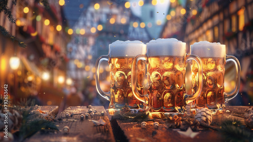 A joyous Oktoberfest scene with traditional German beer steins.