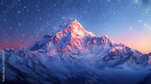 A majestic mountain peak at dawn, its snowcap shimmering with stardust