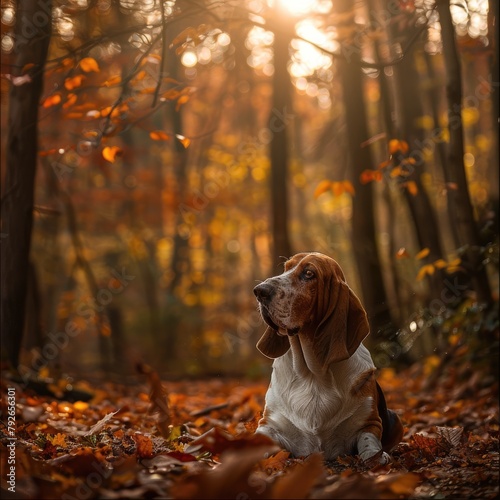 "Basset Hound sitting gracefully in a dense forest setting"