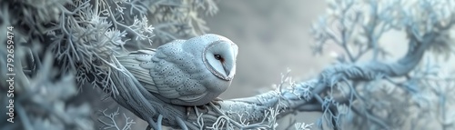 A serene 3D owl, perched and looking wise, with feathers intricately woven from soft gray threads