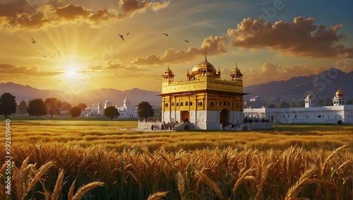 Baisakhi greeting card illustration featuring a wheat field and the Golden Temple Generative AI