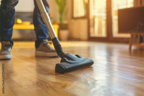 Low angle view of person vacuuming a hardwood floor with a focus on the vacuum cleaner