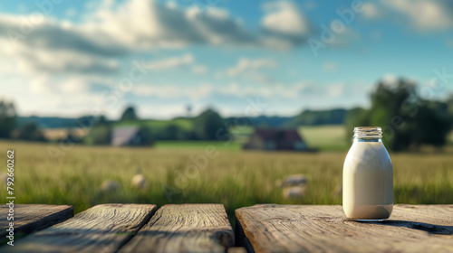 Milk glass on wooden table with field background