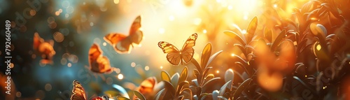 A butterfly garden at sunset, with golden light illuminating the wings of various species