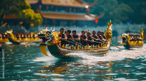 A jubilant Lunar New Year dragon boat race with teams rowing in sync.