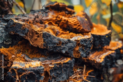 Chaga mushrooms growing on birch trees in a forest showcasing unique textures and details