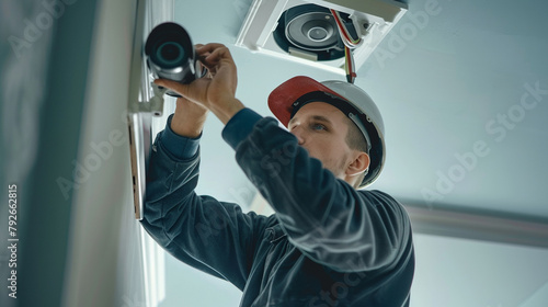 Professional Camera Installation, Technician in hard hat installing a security camera on the ceiling.