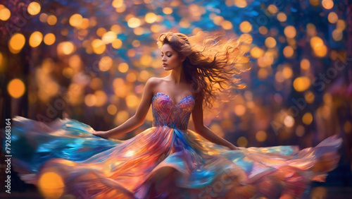 Young long-haired woman wearing colorful dress twirls and dances on bokeh lights at night street.