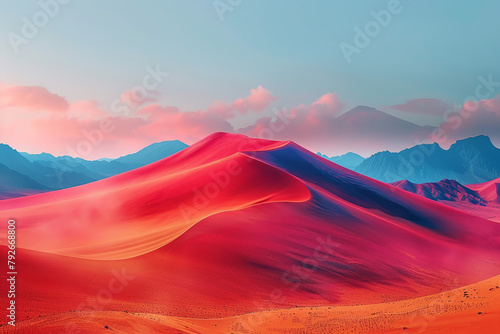 Amazing desert sunset. Beautiful Arabian desert with warm colors. Colorful contours of sand dunes.