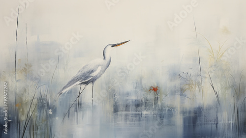 white heron, art work painting in impressionism style, stork on a light gray and blue background, abstract art background in oriental style