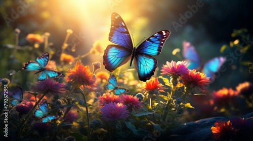 A graceful blue butterfly glides over a vibrant field of flowers in full bloom