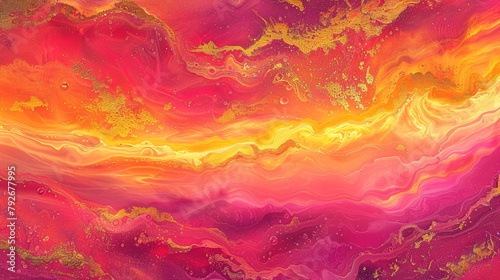 A vibrant sunset in fluid art, with hot pinks, oranges, and gold resembling the sky on fire. Ideal for rooms needing a splash of color.