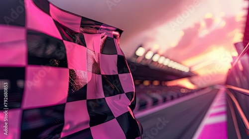 Pink and black checkered race flag waving at a sports event